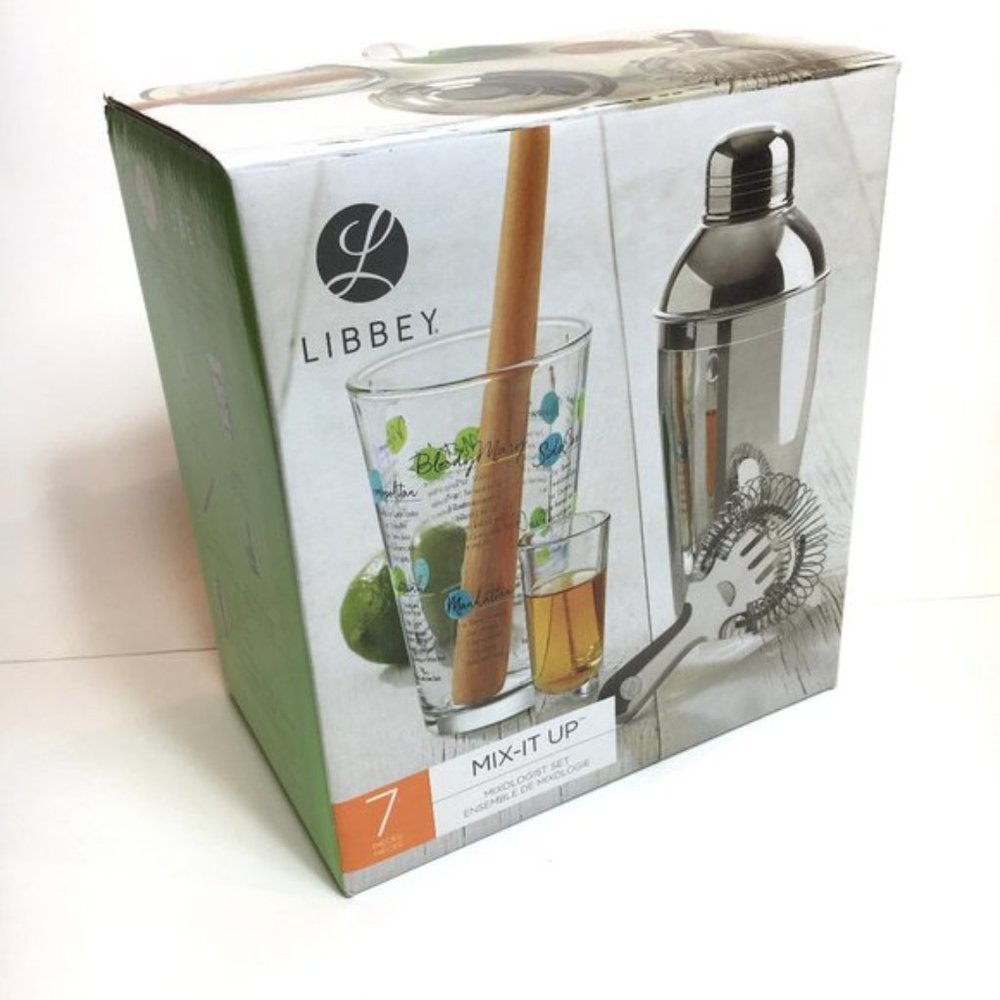 LIBBEY Bar Tools -shaker - shot glass- muddler - strainer - Glass - 7pc Set NWT
